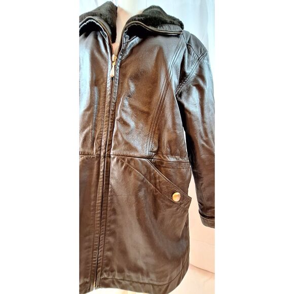 Donna Pelle Vintage Brown Leather Coat Faux Fur Collar Size S - Picture 2 of 16